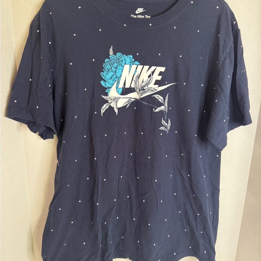 Nike Swoosh Blue Floral Tee Mens XL Navy Dotted Graphic Rare Vintage Style Shirt